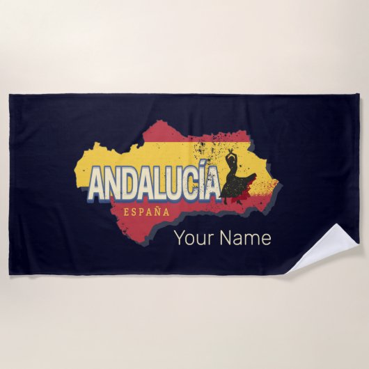 アンダルシアスペインレトロマップヴィンテージフラメンコホリデー ビーチタオル (正面)