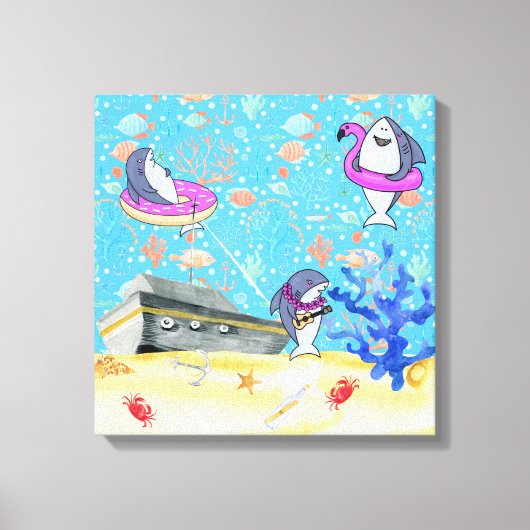 アンダーウォーター深いシーシャークパーティータイムキッズルーム キャンバスプリント (正面)