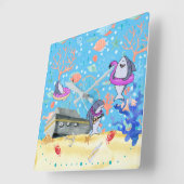 アンダーウォーター深いシーシャークパーティータイムキッズ スクエア壁時計 (傾斜)