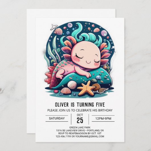 アンダーザシーアクソロトルパーティー誕生日 招待状 (正面/裏面)