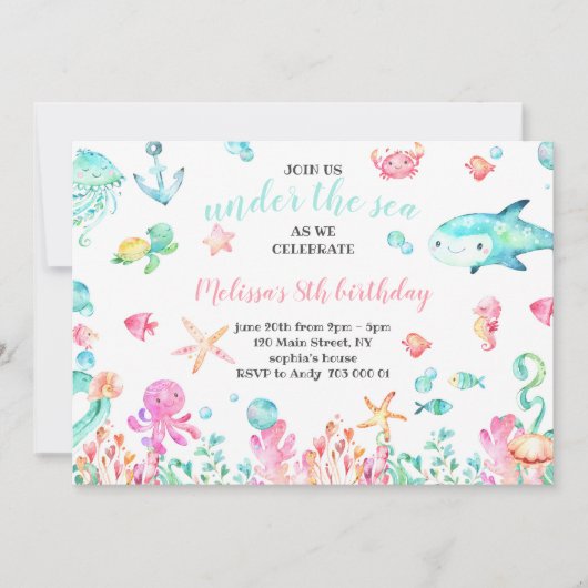 アンダーザシーウォーターカラーサマーガール誕生日 招待状 (正面)