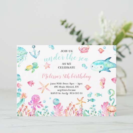 アンダーザシーウォーターカラーサマーガール誕生日 招待状 (スタンド正面)