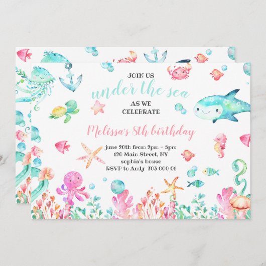 アンダーザシーウォーターカラーサマーガール誕生日 招待状 (正面/裏面)