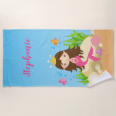 アンダーザシーキュートブルネットマーメイド名前をカスタムする ビーチタオル (正面)