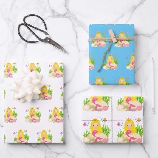 アンダーザシーキュートブロンドマーメイド名前をカスタムする ラッピングペーパーシート (正面)