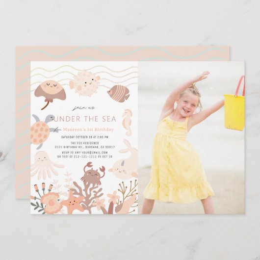 アンダーザシークリーシズピンクガール誕生日 招待状 (正面/裏面)