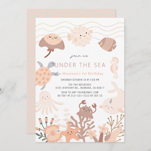 アンダーザシークリーシズピンクガール誕生日 招待状 (正面/裏面)