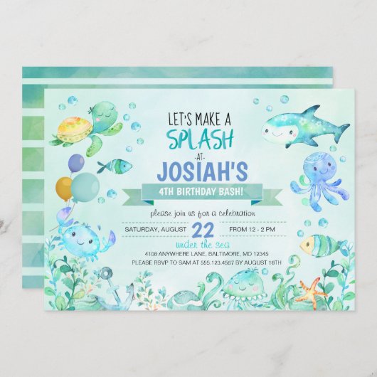 アンダーザシースプラッシュ誕生日ボーイ招待状 招待状 (正面/裏面)