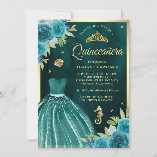 アンダーザシーダークティール（緑がかった色）マーメイド金ゴールドキンセアニェラ 招待状 (正面)