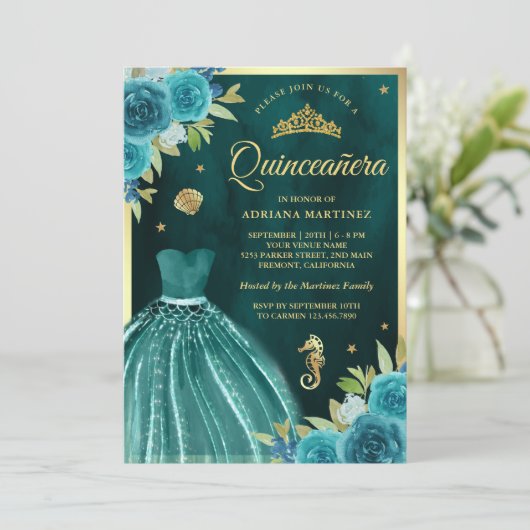 アンダーザシーダークティール（緑がかった色）マーメイド金ゴールドキンセアニェラ 招待状 (スタンド正面)