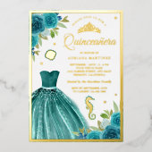 アンダーザシーティール(緑がかった色)ドレスマーメイドキンセアニェラ金ゴールド 箔招待状 (正面)