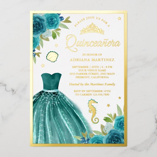 アンダーザシーティール（緑がかった色）ドレスマーメイドキンセアニェラ金ゴールド 箔招待状 (正面)