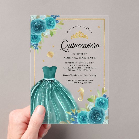 アンダーザシーティール（緑がかった色）ドレスマーメイド金ゴールドキンセアニェラ アクリル招待状 (インサイチュ (ポータブル))