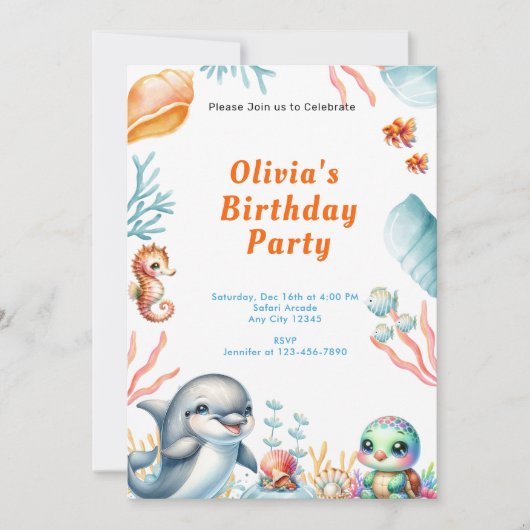 アンダーザシードルフィンタートル子供の誕生日パーティー 招待状 (正面)
