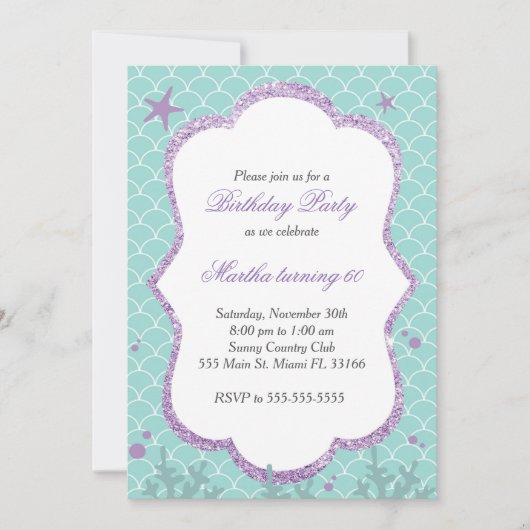 アンダーザシーバースデーパーティー招待ブルーティール（緑がかった色） 招待状 (正面)