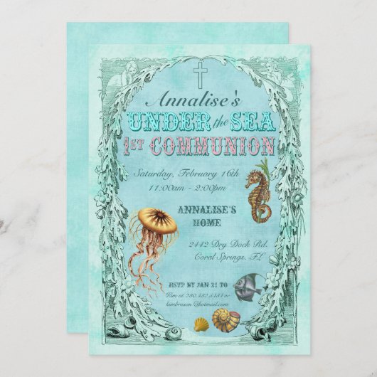 アンダーザシーファーストコミュニオン招待状-ピンク 招待状 (正面/裏面)