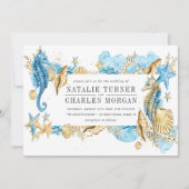 アンダーザシーブルー金ゴールドサマー結婚式招待状 招待状 (正面)