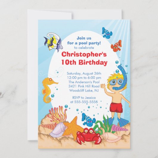 アンダーザシープールパーティー誕生日招待状ボーイ 招待状 (正面)