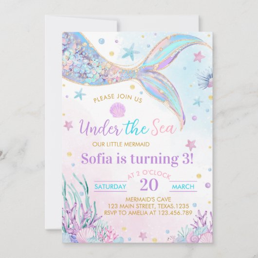 アンダーザシーマーメイドガール誕生日招待状 招待状 (正面)