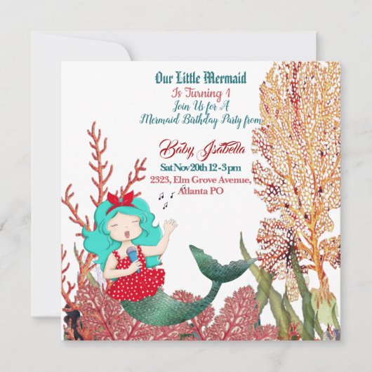 アンダーザシーマーメイドシンギングコーラルリーフ誕生日 招待状 (正面)