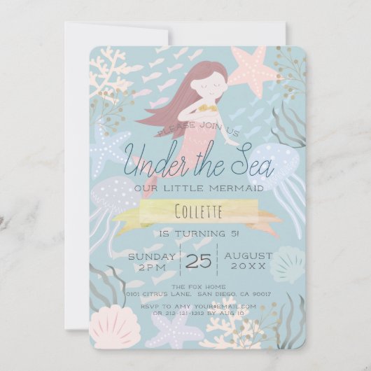 アンダーザシーマーメイドシーグリー誕生日招待状 招待状 (正面)