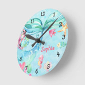 アンダーザシーマーメイドティール（緑がかった色）ピンクガール子供部屋 ラウンド壁時計 (傾斜)