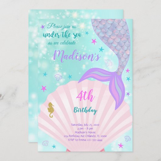 アンダーザシーマーメイドテール誕生日招待状 招待状 (正面/裏面)