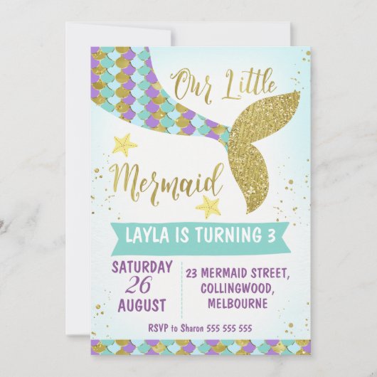 アンダーザシーマーメイドテール誕生日招待状 招待状 (正面)