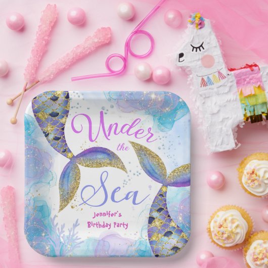 アンダーザシーマーメイドパーティーガールズブルーティール(緑がかった色)紙 ペーパープレート (パーティー)