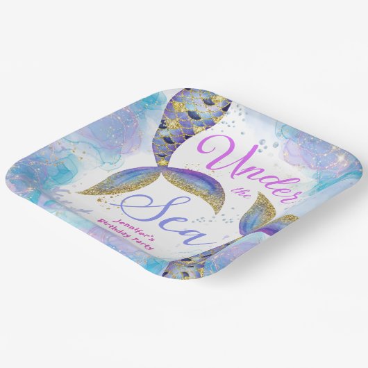 アンダーザシーマーメイドパーティーガールズブルーティール(緑がかった色)紙 ペーパープレート (傾斜あり)