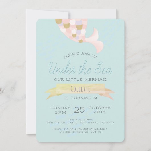 アンダーザシーマーメイドピンク誕生日招待状 招待状 (正面)