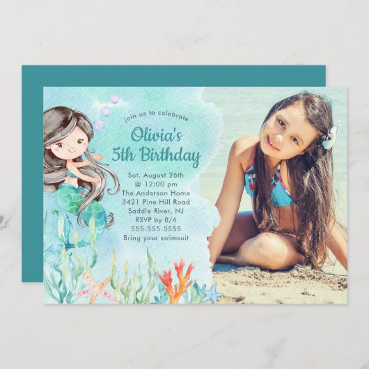 アンダーザシーマーメイドフォト誕生日招待状 招待状 (正面/裏面)