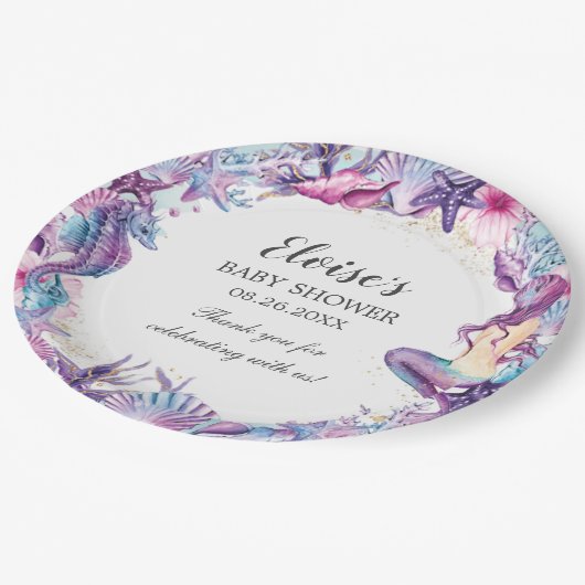 アンダーザシーマーメイドベイビーシャワーパープルターコイズ ペーパープレート (アングル)