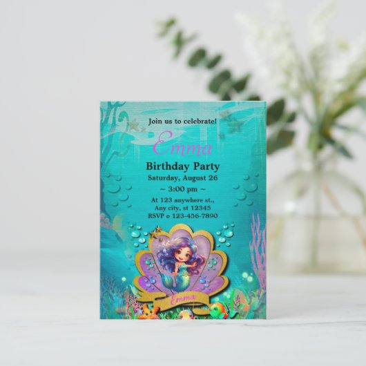 アンダーザシーマーメイド誕生日ガールパーティー インビテーションポストカード (スタンド正面)