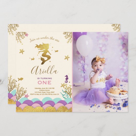 アンダーザシーマーメイド誕生日招待状金ゴールド 招待状 (正面/裏面)