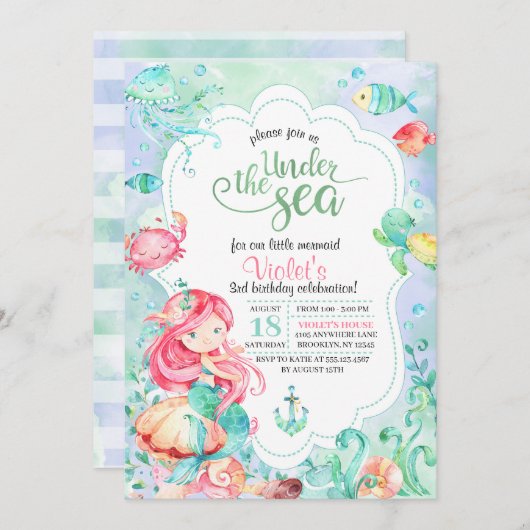 アンダーザシーマーメイド誕生日招待状 招待状 (正面/裏面)