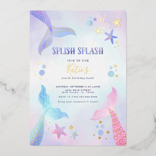 アンダーザシーマーメイド誕生日 箔招待状 (正面)