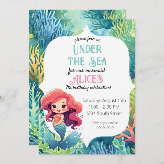アンダーザシーリトルマーメイド誕生日招待状 招待状 (正面/裏面)