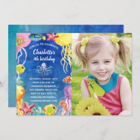 アンダーザシー子供の誕生日パーティー写真 招待状 (正面/裏面)