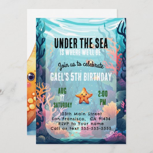 アンダーザシー海アニマルボーイ誕生日招待状 招待状 (正面/裏面)