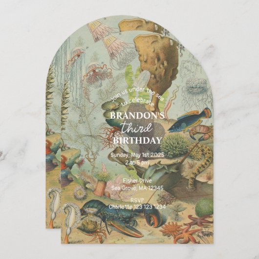 アンダーザシー海シーアニマルレトロ誕生日 招待状 (正面/裏面)