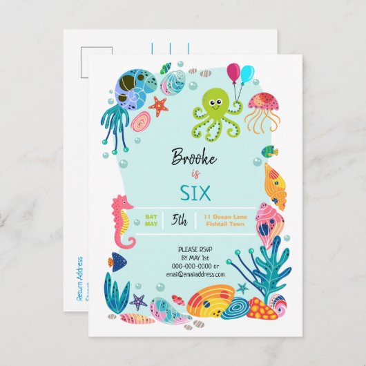 アンダーザシー海子供の誕生日パーティー インビテーションポストカード (正面/裏面)
