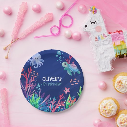 アンダーザシー海第1男の赤ちゃん誕生日 ペーパープレート (パーティー)