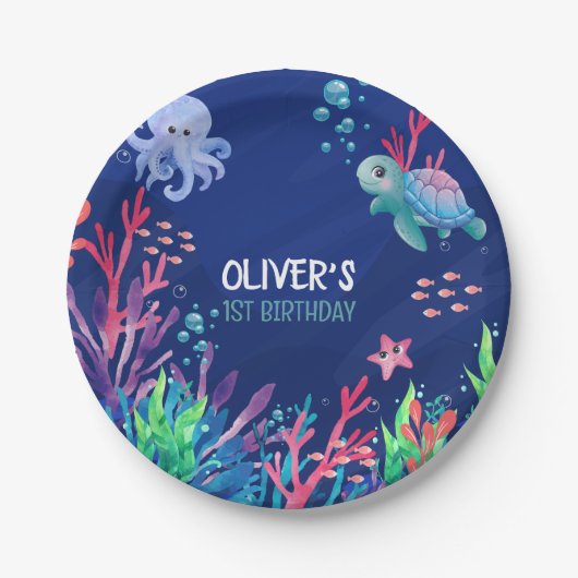 アンダーザシー海第1男の赤ちゃん誕生日 ペーパープレート (正面)