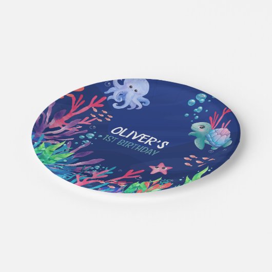 アンダーザシー海第1男の赤ちゃん誕生日 ペーパープレート (アングル)