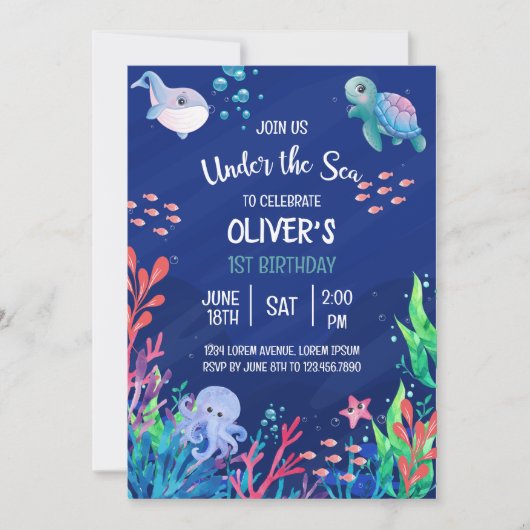 アンダーザシー海第1男の赤ちゃん誕生日 招待状 (正面)
