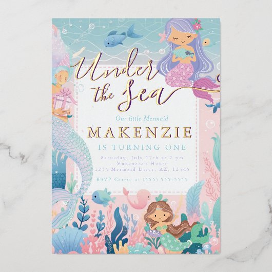 アンダーザシー誕生日マーメイド 箔招待状 (正面)