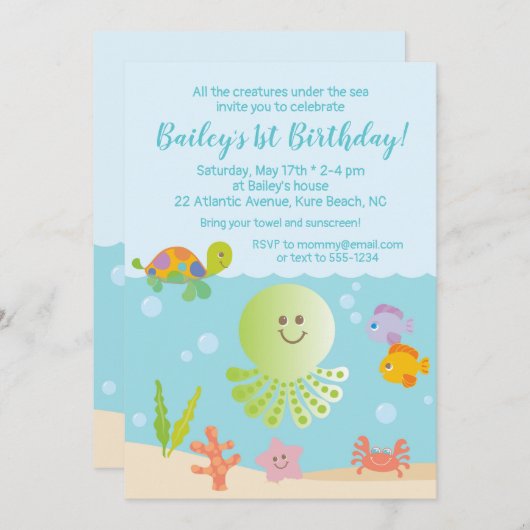 アンダーザシー誕生日招待状インブルー&グリーン 招待状 (正面/裏面)