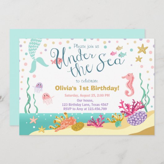 アンダーザシー誕生日招待状マーメイドパープル 招待状 (正面/裏面)