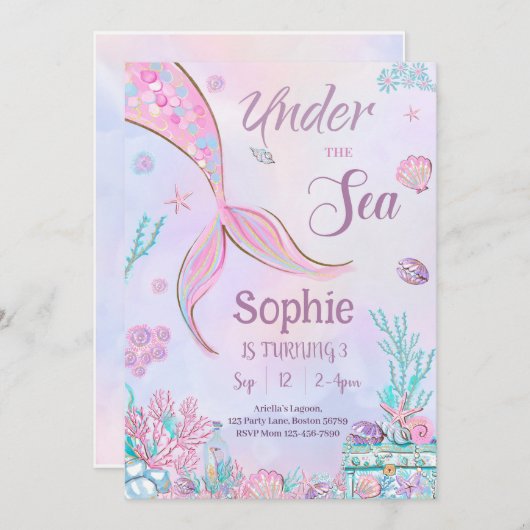 アンダーザシー誕生日招待状マーメイド招待状 招待状 (正面/裏面)